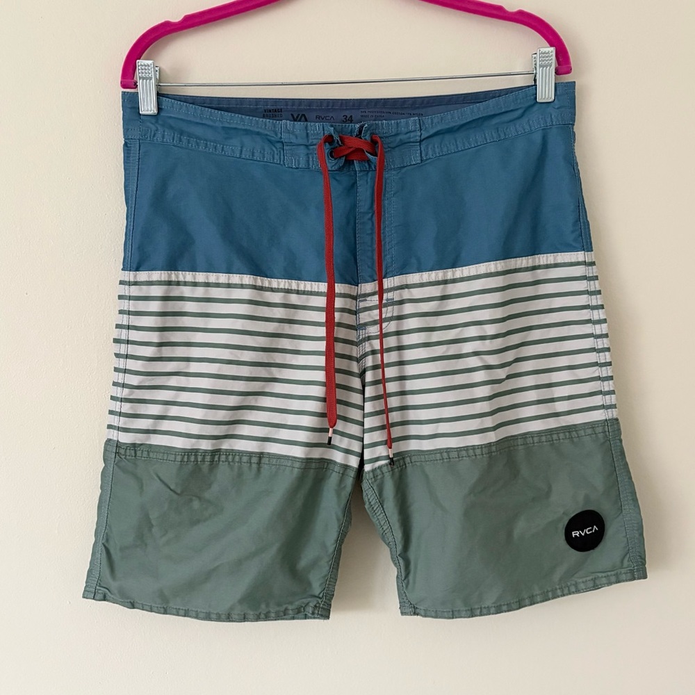 RVCA Blue and Green Swim Trunks with Modern Design
